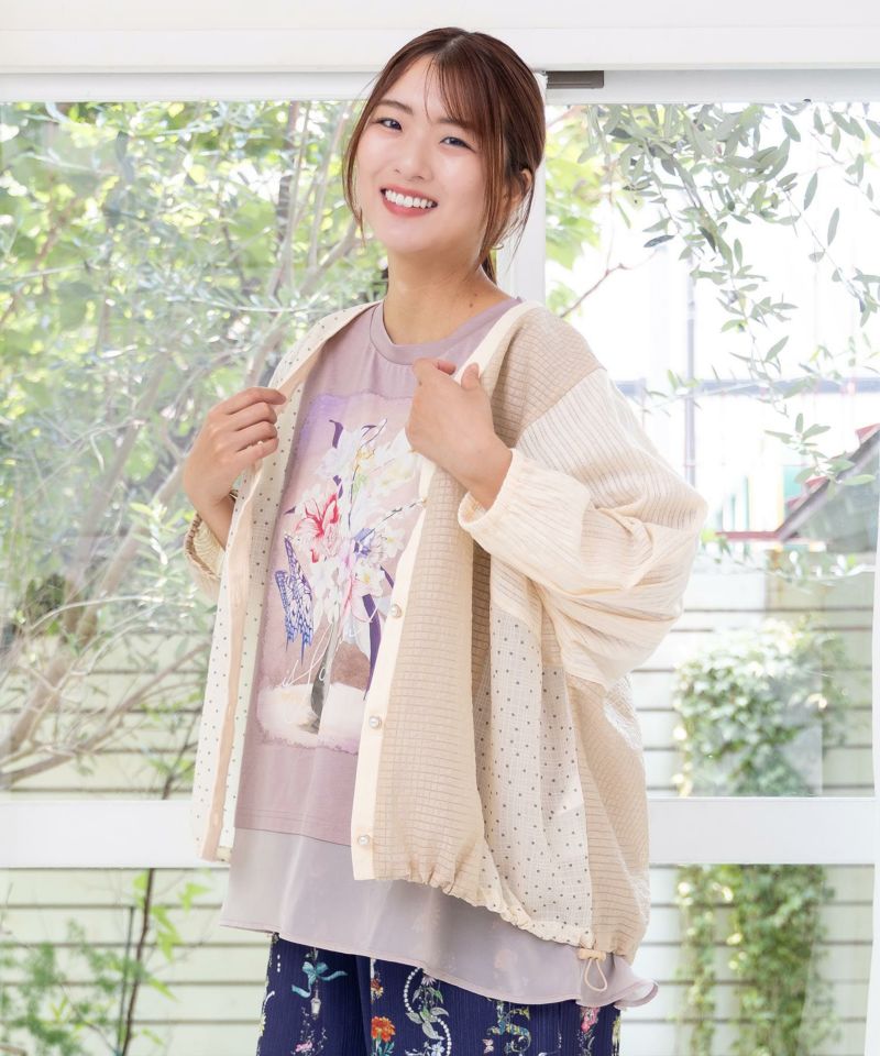 花束プリント 異素材切替カーディガン-23