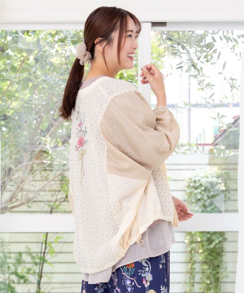カーディガン 新作 is ScoLar イズ スカラー 552277 花束プリント 異素材切替カーディガン 羽織り フェミニン ガーリー 原宿系 個性的 ポイント 552277：花束プリント 異素材切替カーディガンの通販-ScoLar