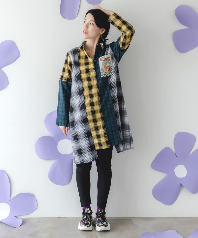 スカ子の朝食柄 2WAYチェック柄シャツワンピース-1