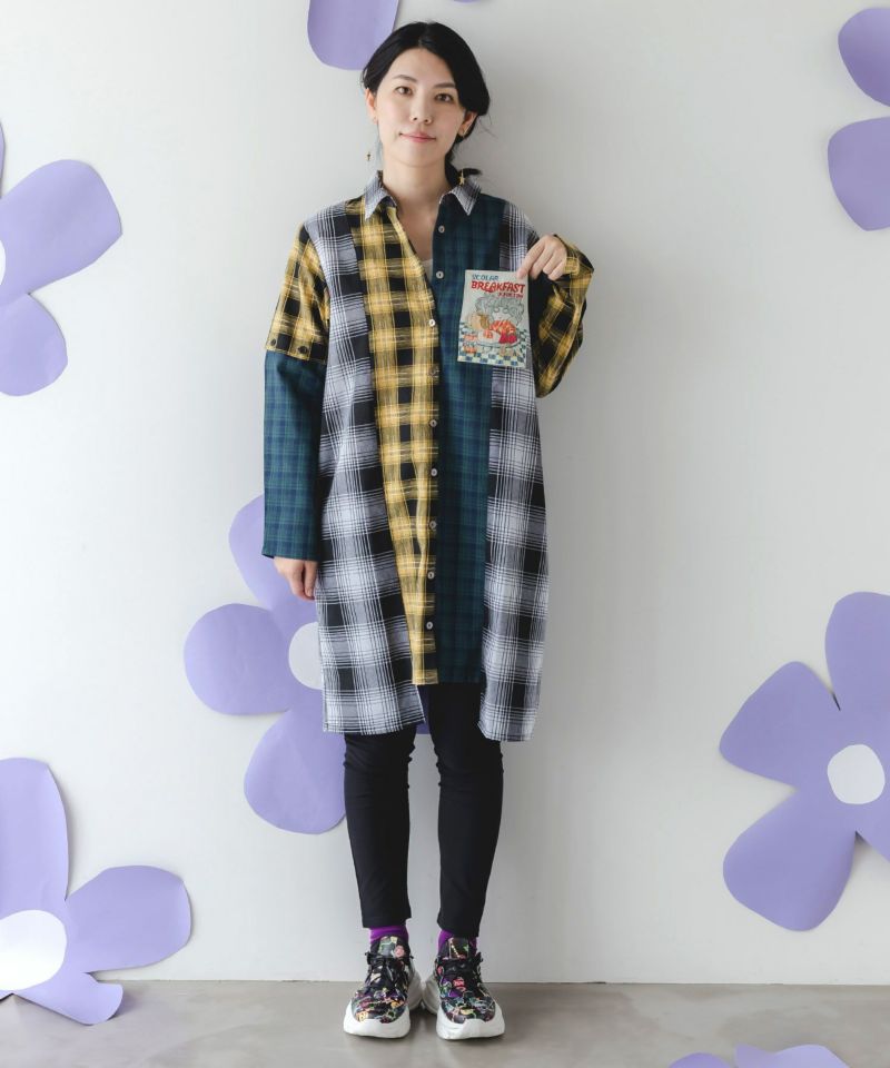 スカ子の朝食柄 2WAYチェック柄シャツワンピース-3