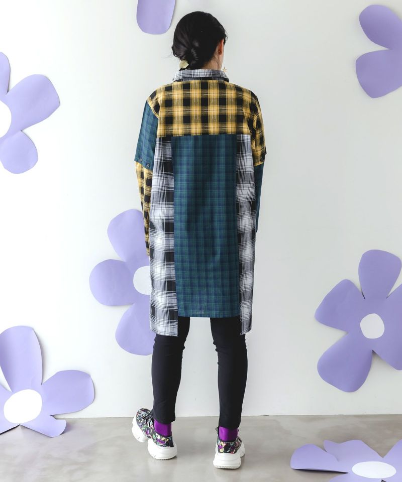 スカ子の朝食柄 2WAYチェック柄シャツワンピース-5