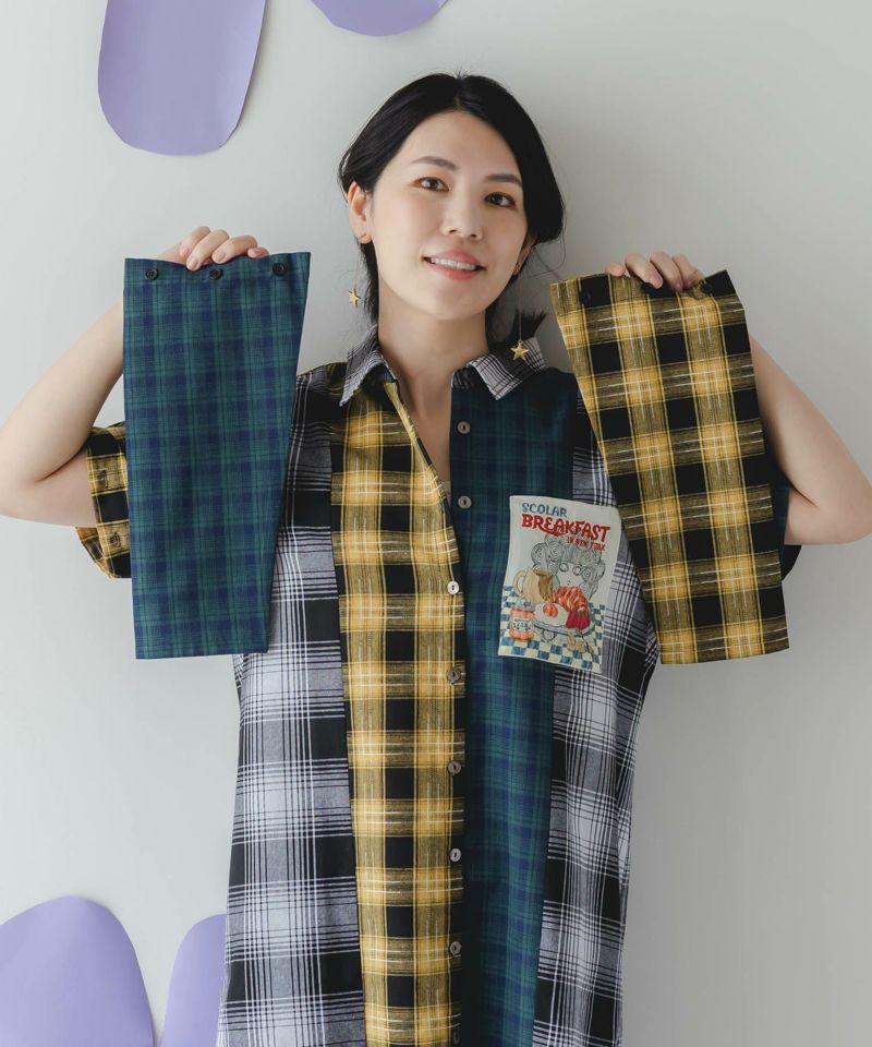 スカ子の朝食柄 2WAYチェック柄シャツワンピース-10