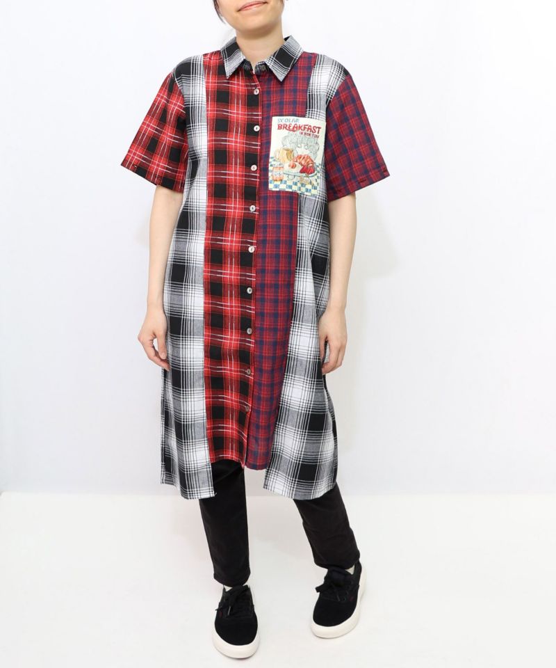スカ子の朝食柄 2WAYチェック柄シャツワンピース-14