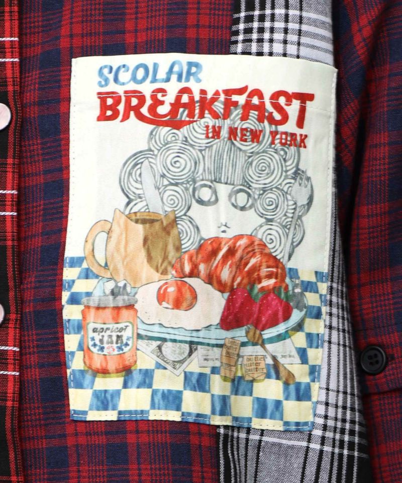 スカ子の朝食柄 2WAYチェック柄シャツワンピース-15