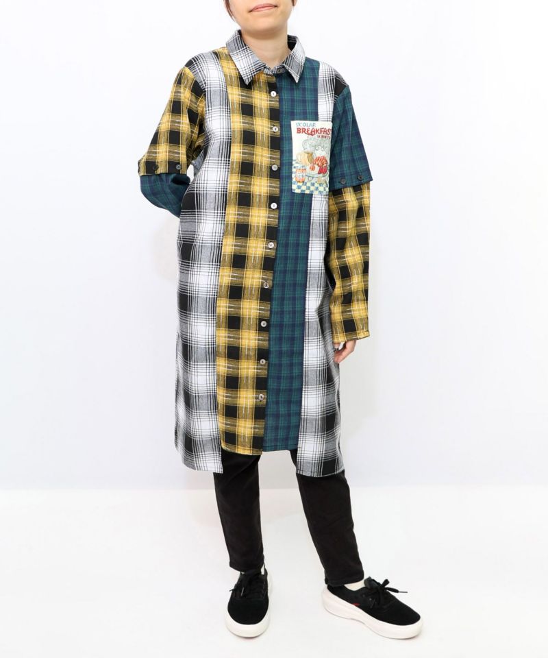 スカ子の朝食柄 2WAYチェック柄シャツワンピース-16