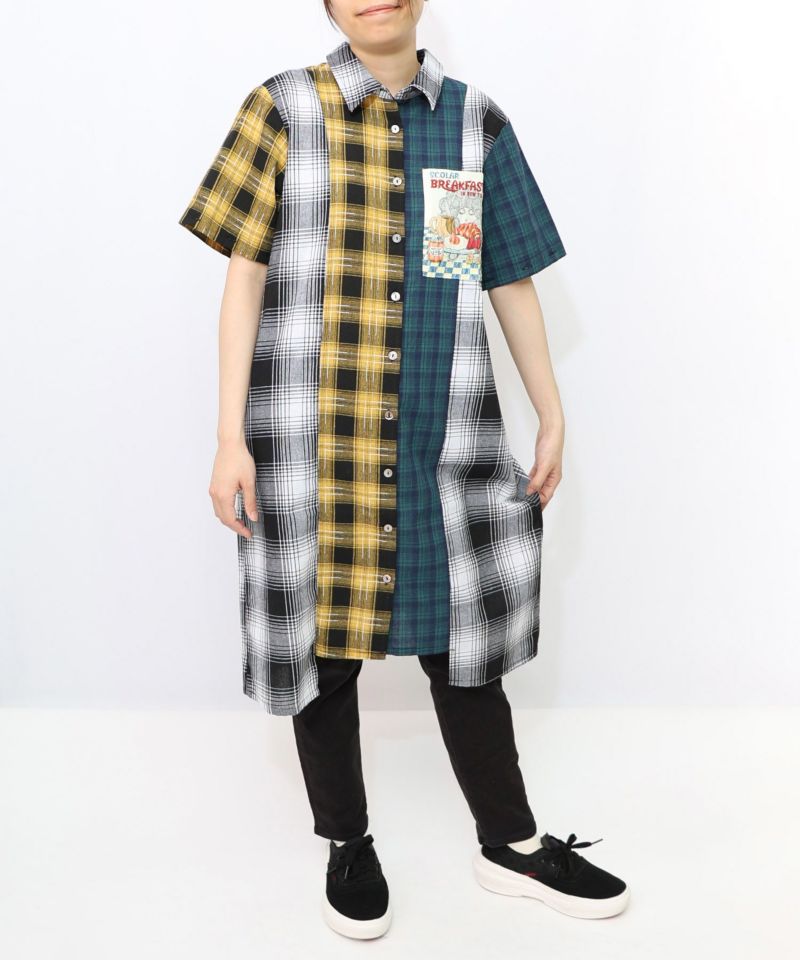 スカ子の朝食柄 2WAYチェック柄シャツワンピース-19