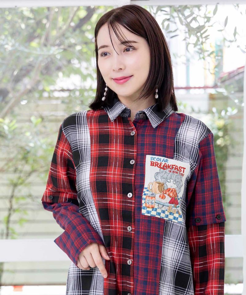 スカ子の朝食柄 2WAYチェック柄シャツワンピース-22