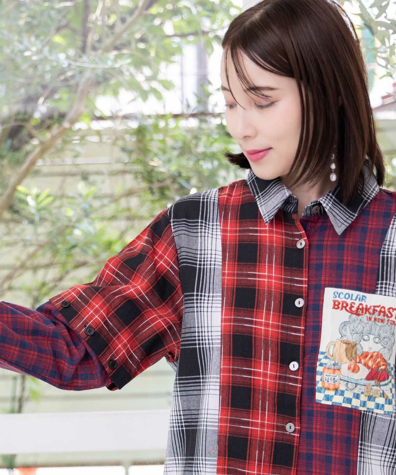 スカ子の朝食柄 2WAYチェック柄シャツワンピース-25