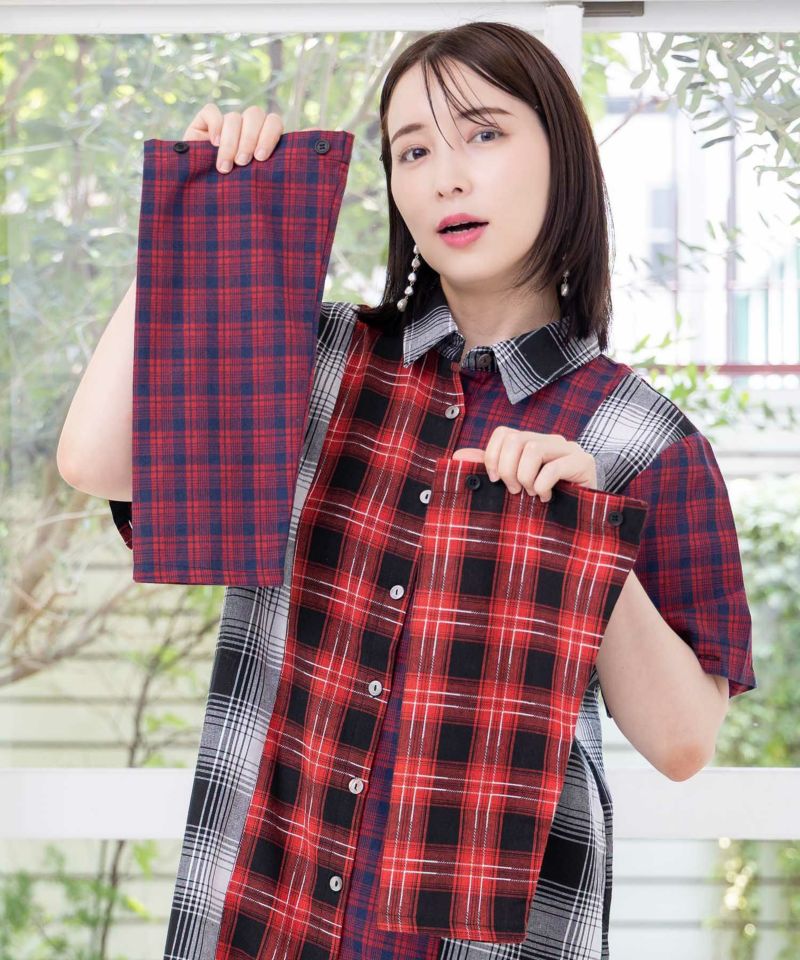 スカ子の朝食柄 2WAYチェック柄シャツワンピース-27