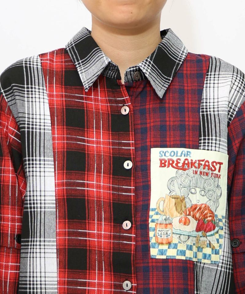 スカ子の朝食柄 2WAYチェック柄シャツワンピース-28