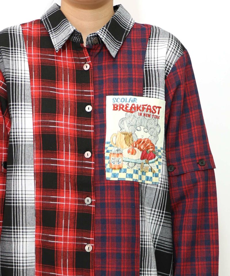スカ子の朝食柄 2WAYチェック柄シャツワンピース-29