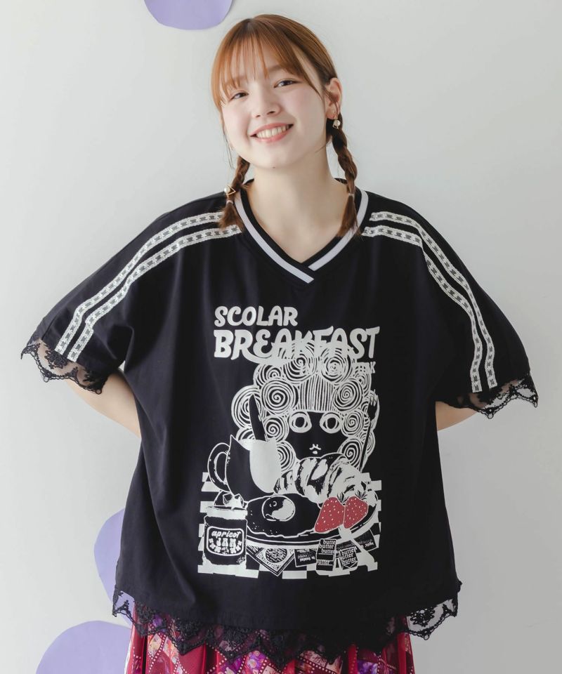 スカ子の朝食柄 レース×スポーティTシャツ-1