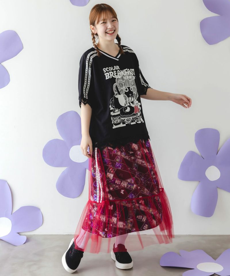 スカ子の朝食柄 レース×スポーティTシャツ-2