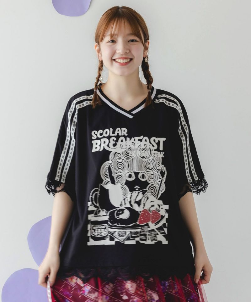 スカ子の朝食柄 レース×スポーティTシャツ-3