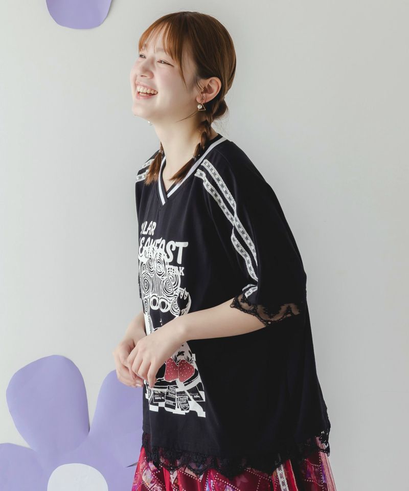 スカ子の朝食柄 レース×スポーティTシャツ-4