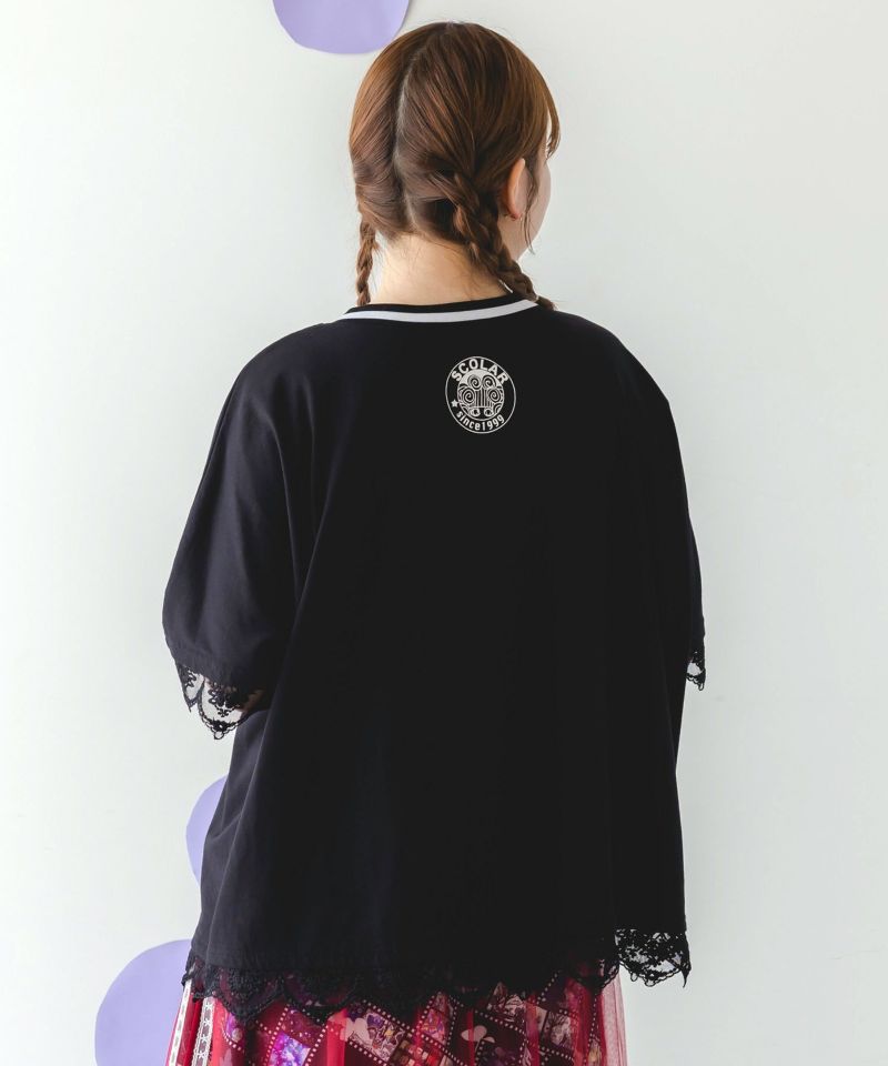 スカ子の朝食柄 レース×スポーティTシャツ-5