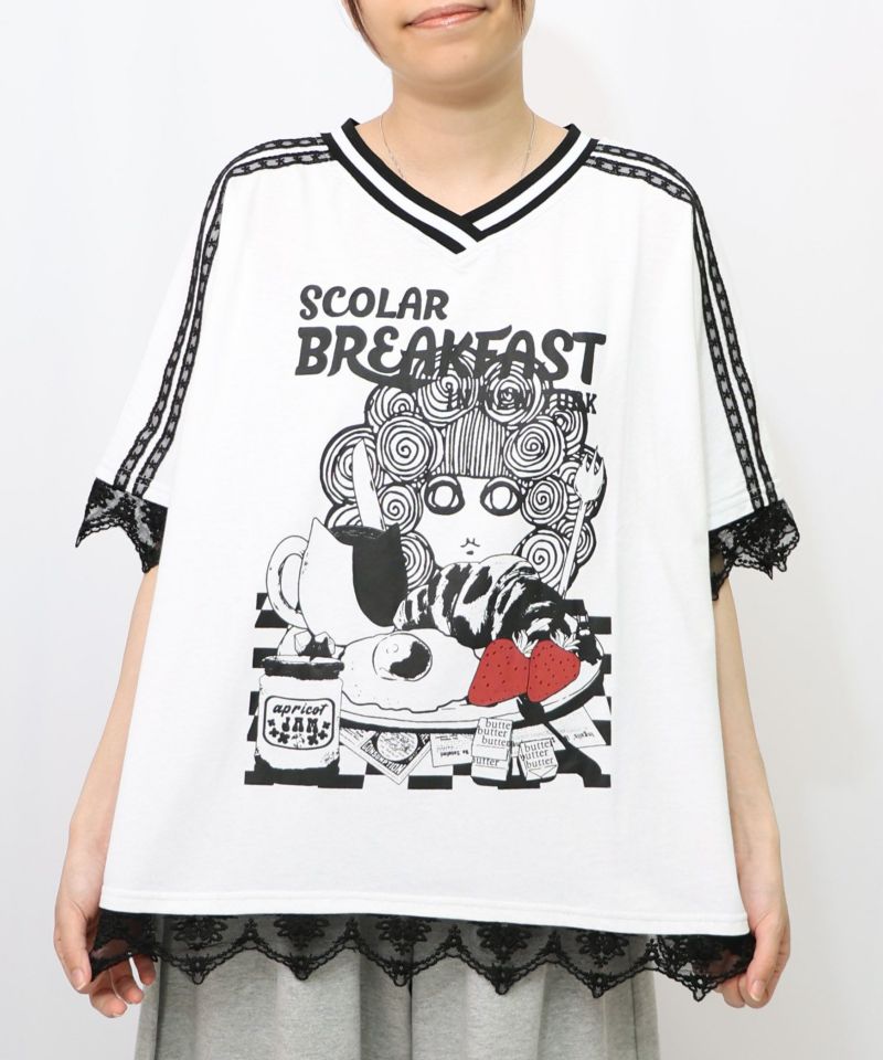 スカ子の朝食柄 レース×スポーティTシャツ-8