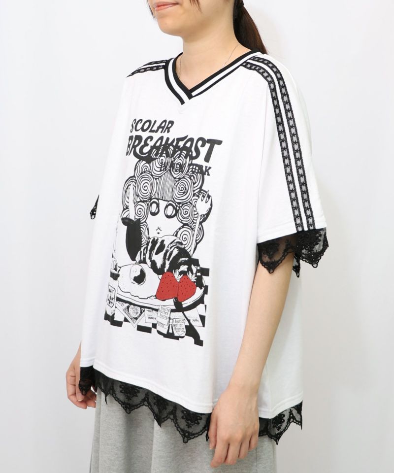 スカ子の朝食柄 レース×スポーティTシャツ-9