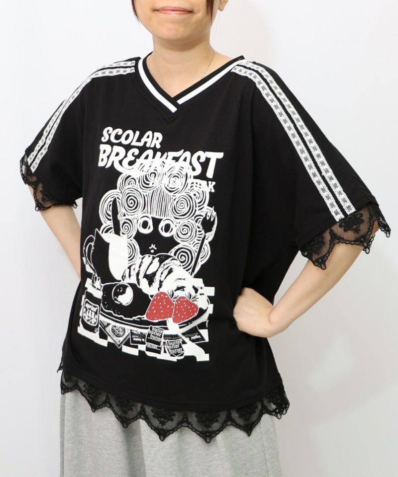 スカ子の朝食柄 レース×スポーティTシャツ-12