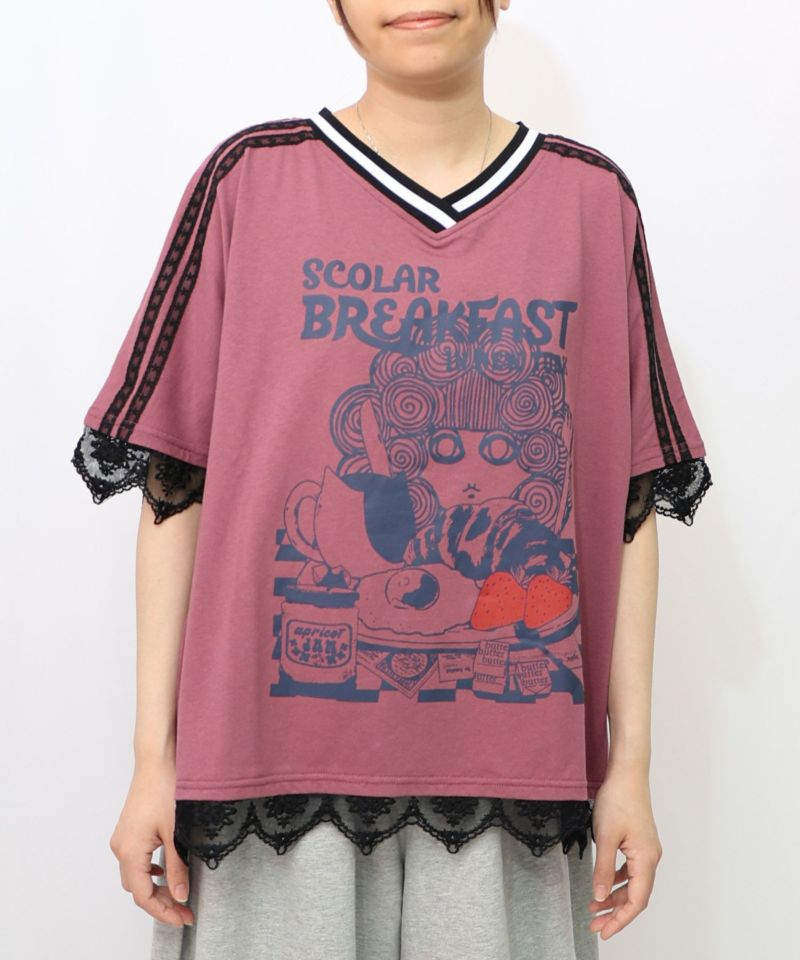 スカ子の朝食柄 レース×スポーティTシャツ-16