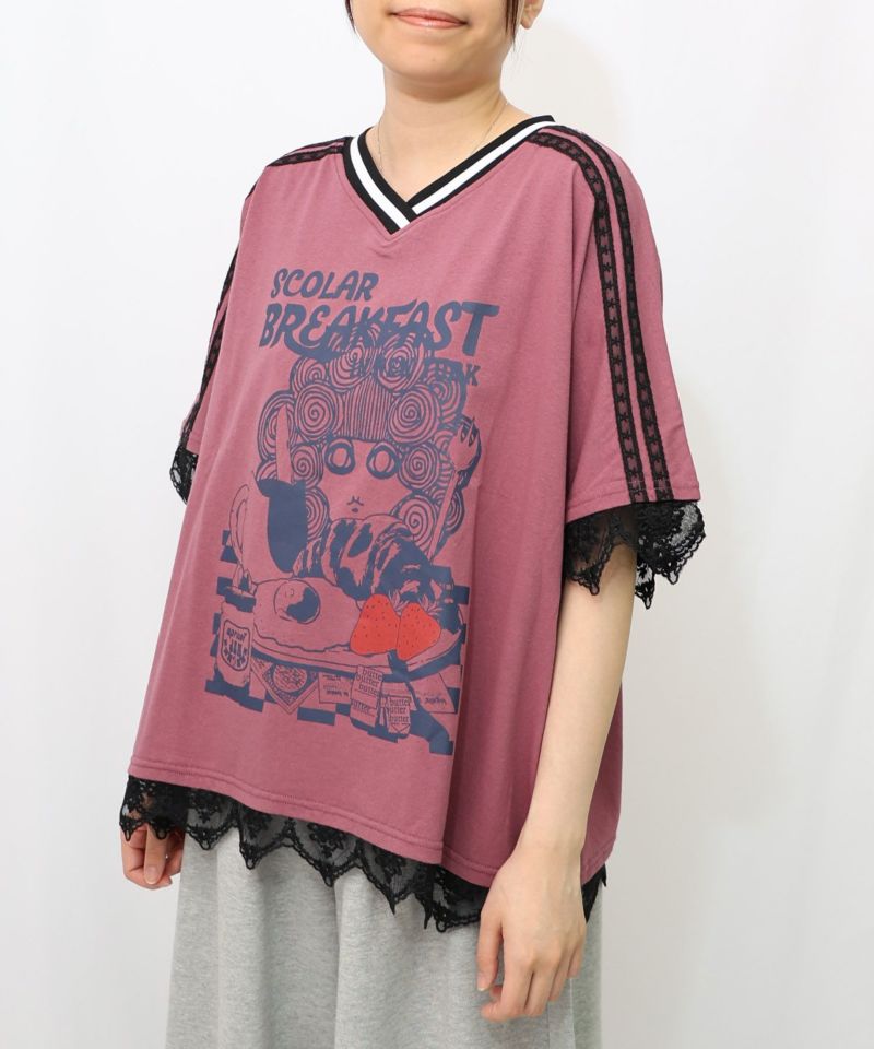 スカ子の朝食柄 レース×スポーティTシャツ-17