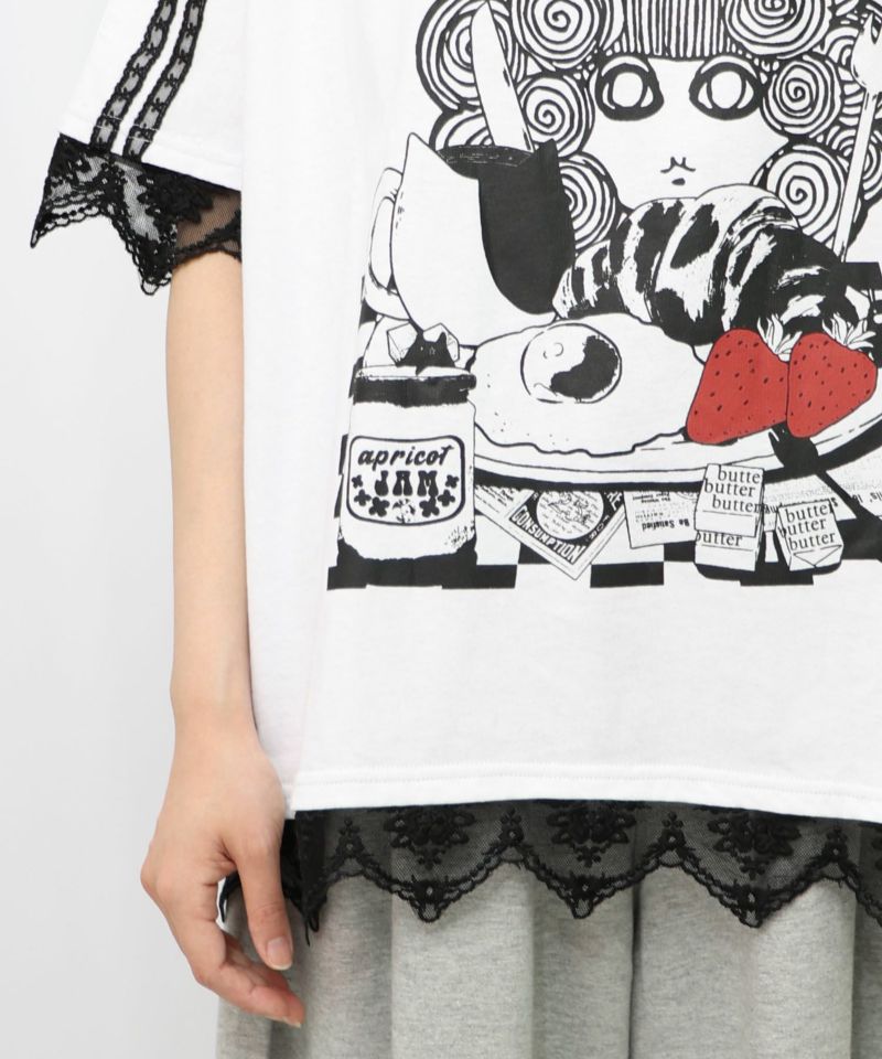 スカ子の朝食柄 レース×スポーティTシャツ-22