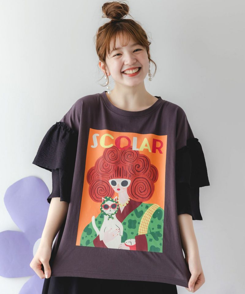 ネコと女の子アート柄 ボリューム袖Tシャツ-1
