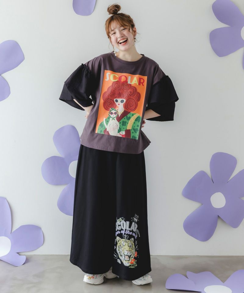 ネコと女の子アート柄 ボリューム袖Tシャツ-2