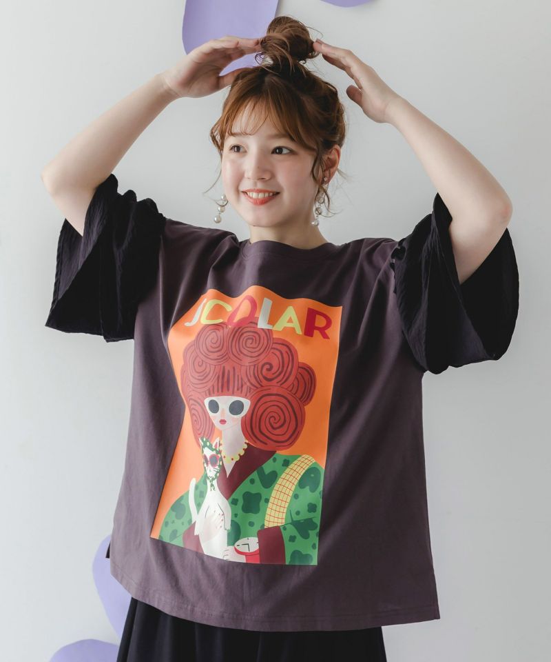 ネコと女の子アート柄 ボリューム袖Tシャツ-3