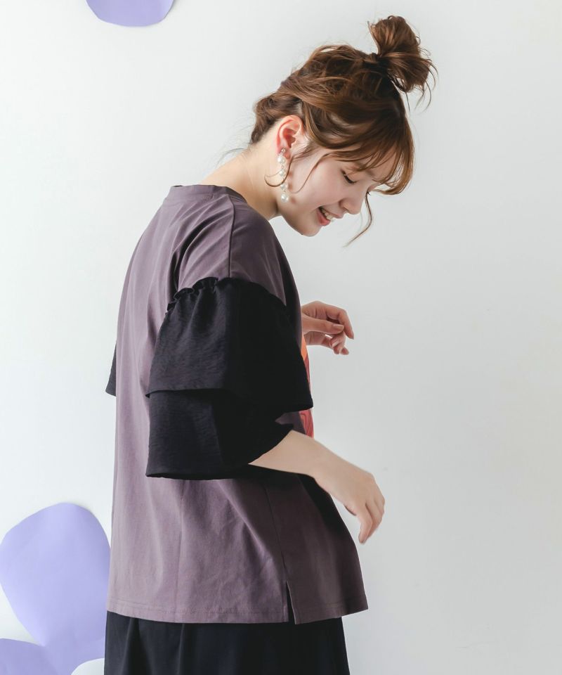 ネコと女の子アート柄 ボリューム袖Tシャツ-4