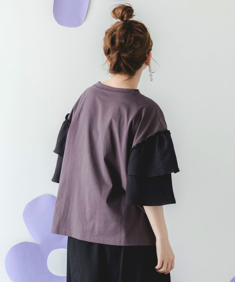 ネコと女の子アート柄 ボリューム袖Tシャツ-5