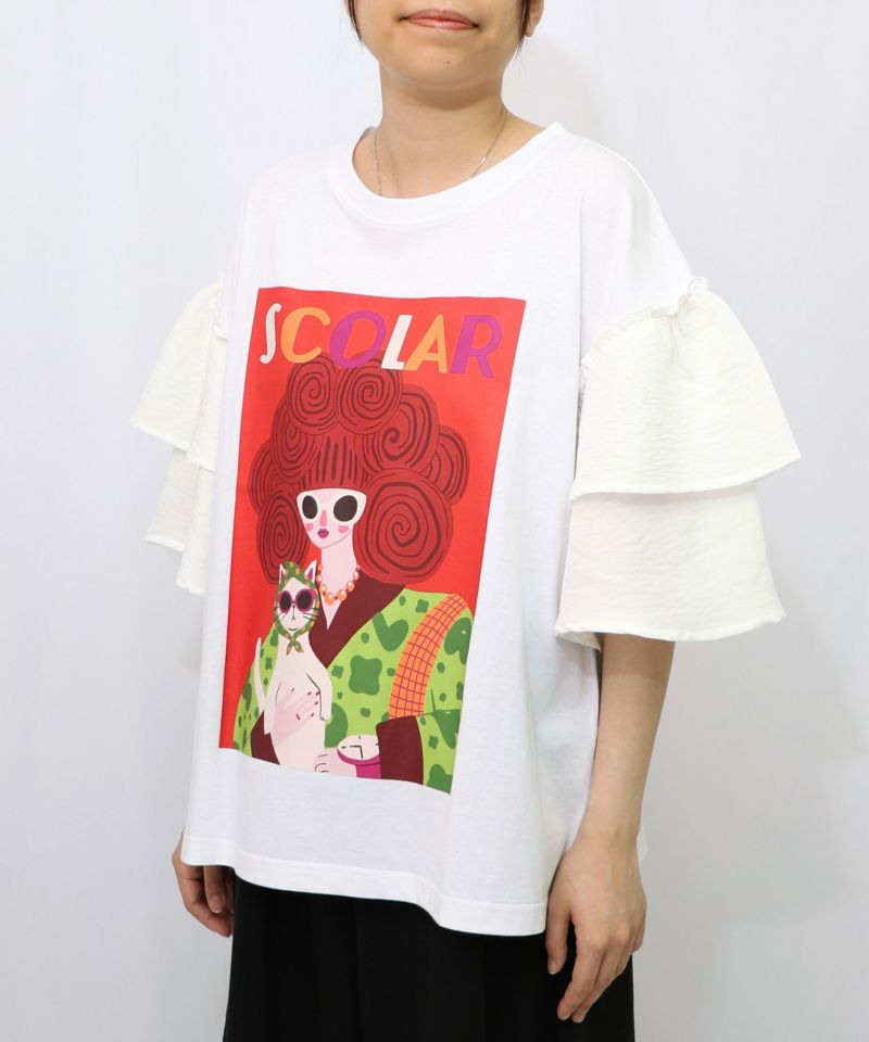 ネコと女の子アート柄 ボリューム袖Tシャツ-7