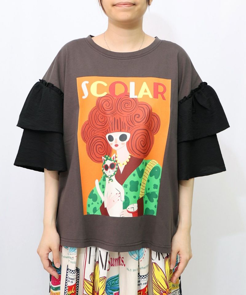 ネコと女の子アート柄 ボリューム袖Tシャツ-11