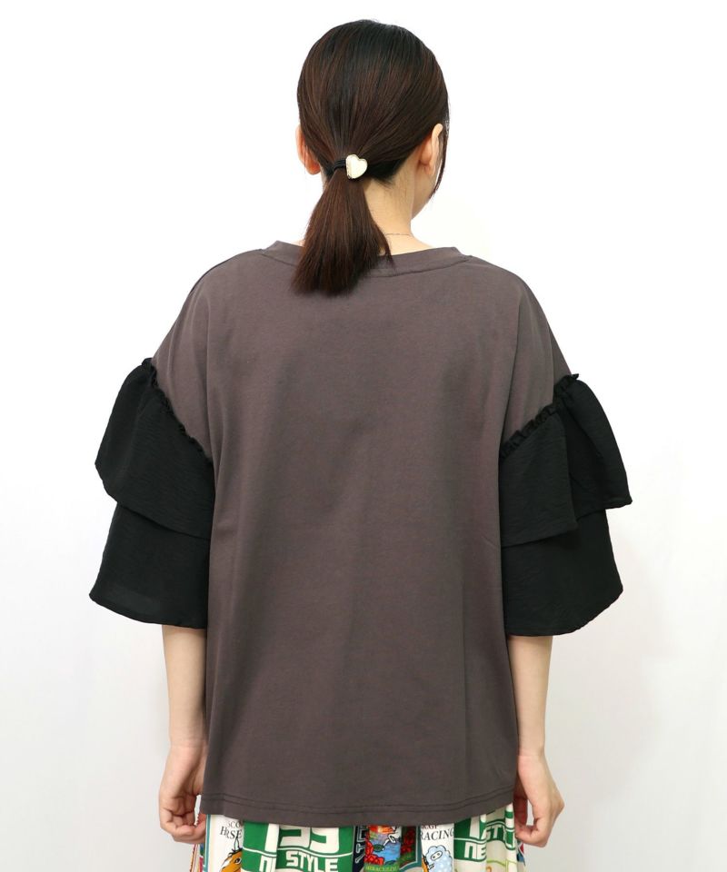 ネコと女の子アート柄 ボリューム袖Tシャツ-13
