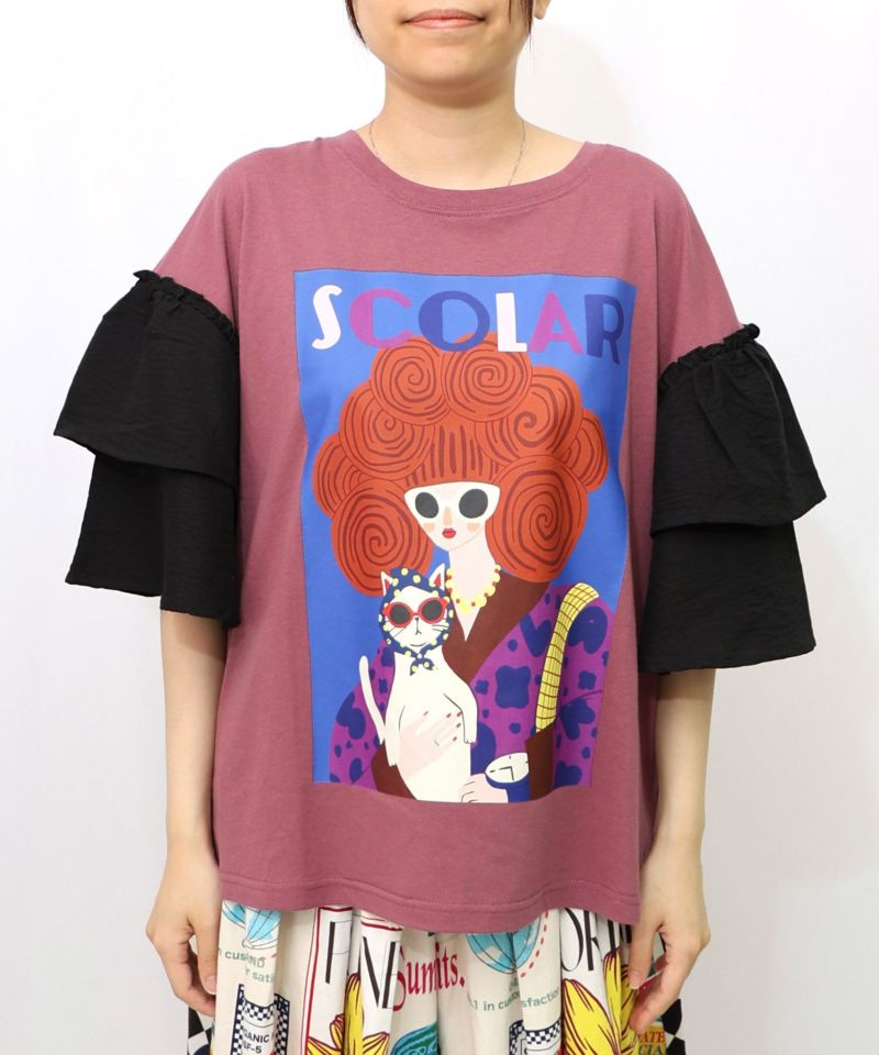 ネコと女の子アート柄 ボリューム袖Tシャツ-15