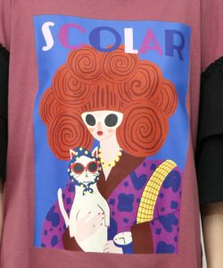 ネコと女の子アート柄 ボリューム袖Tシャツ-18