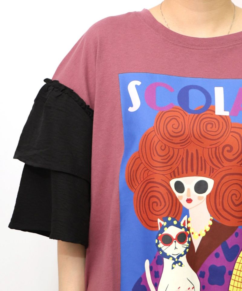 152751：ネコと女の子アート柄 ボリューム袖Tシャツの通販-ScoLar