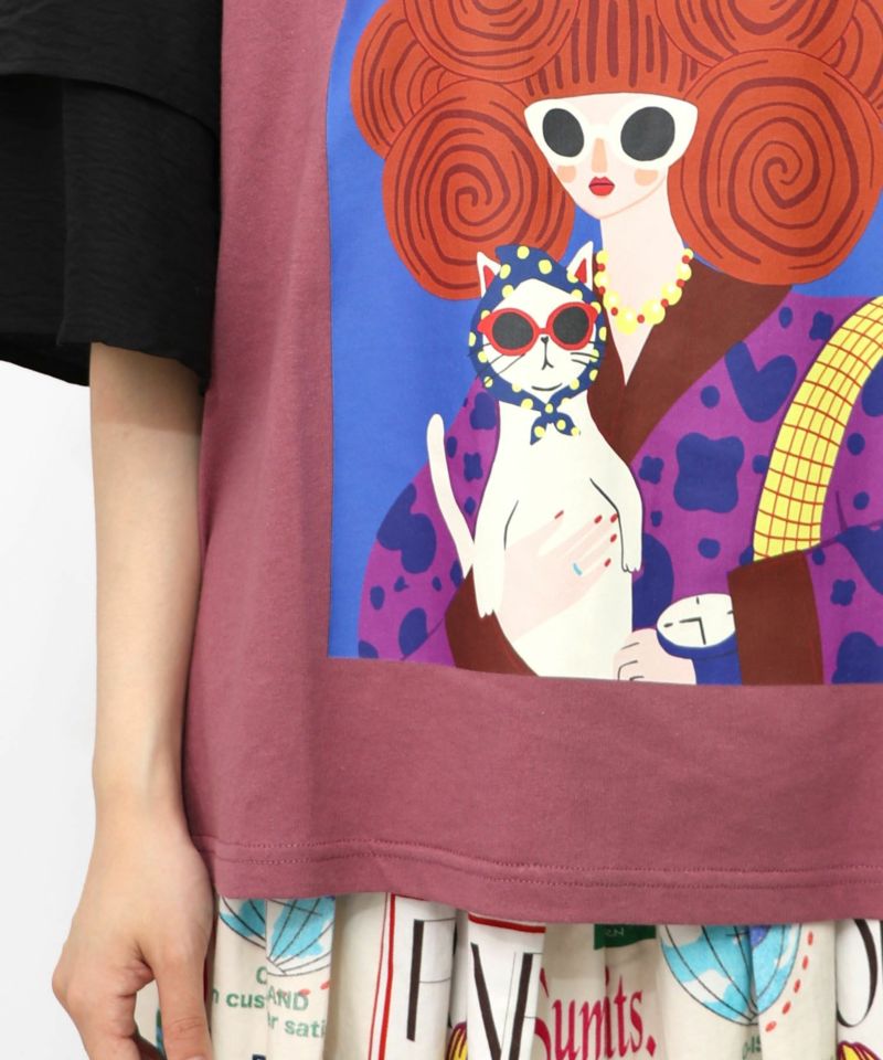 ネコと女の子アート柄 ボリューム袖Tシャツ-21