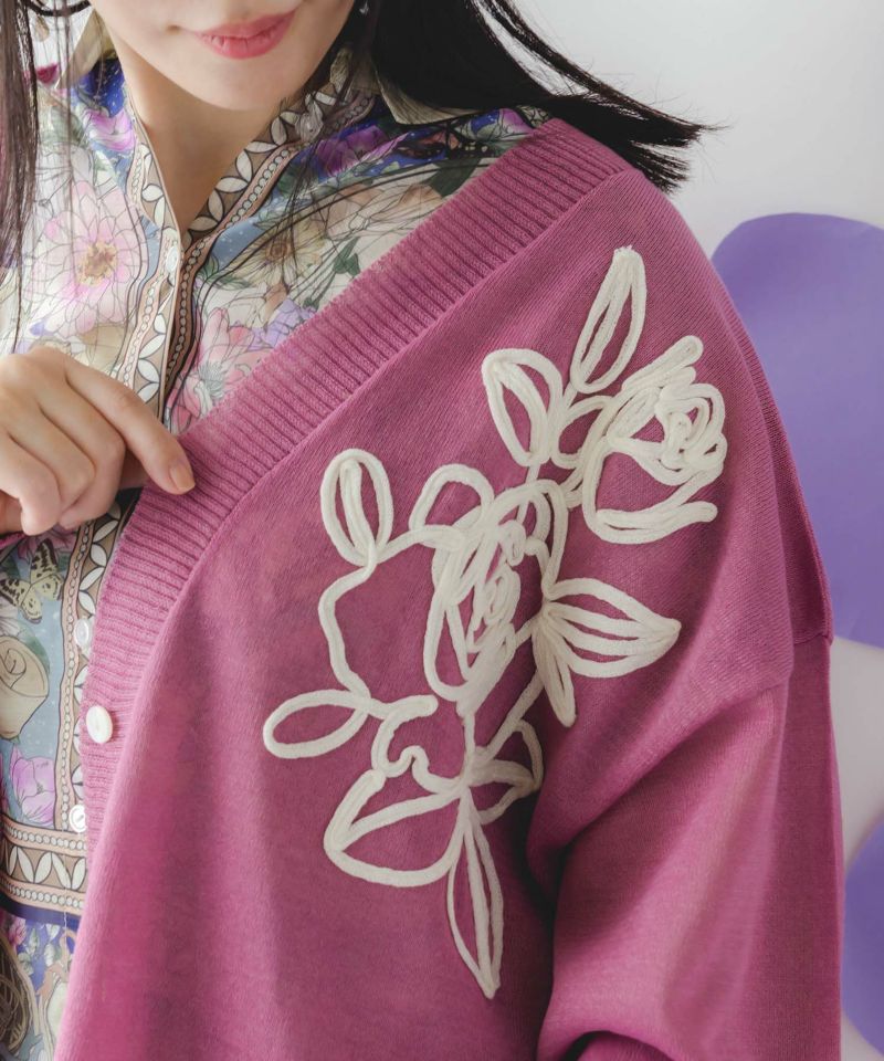 バラ柄コード刺繍 シアーニットカーディガン-6