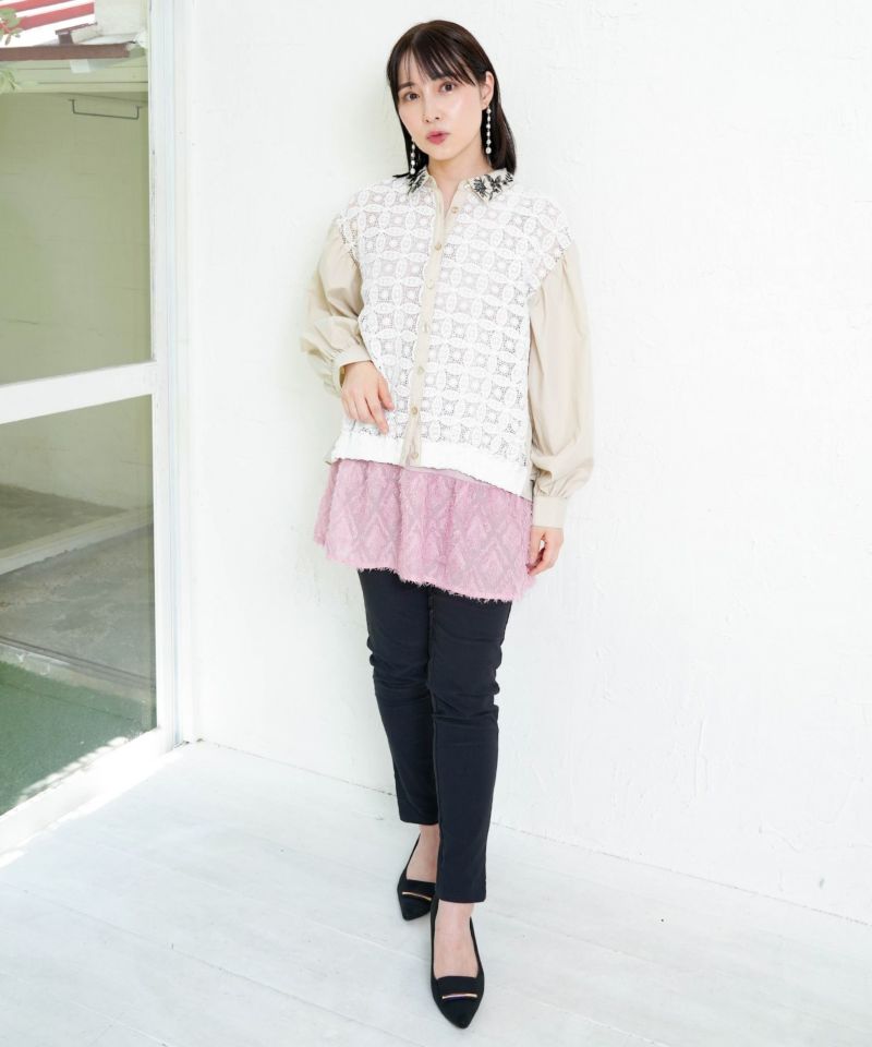 蝶花刺繍 レース切替シャツ-2