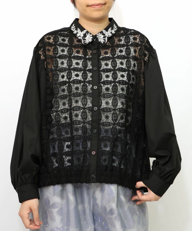 蝶花刺繍 レース切替シャツ-12