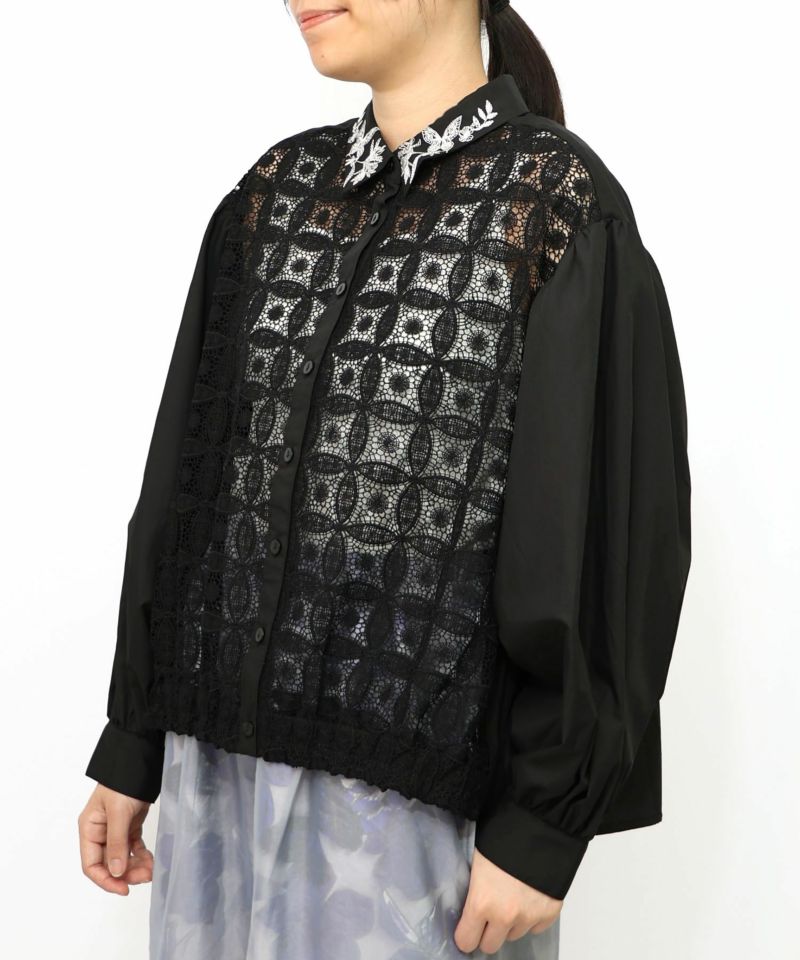 蝶花刺繍 レース切替シャツ-13