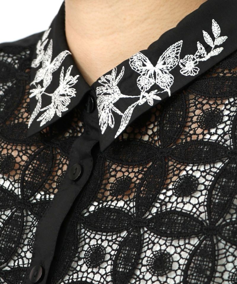 蝶花刺繍 レース切替シャツ-15