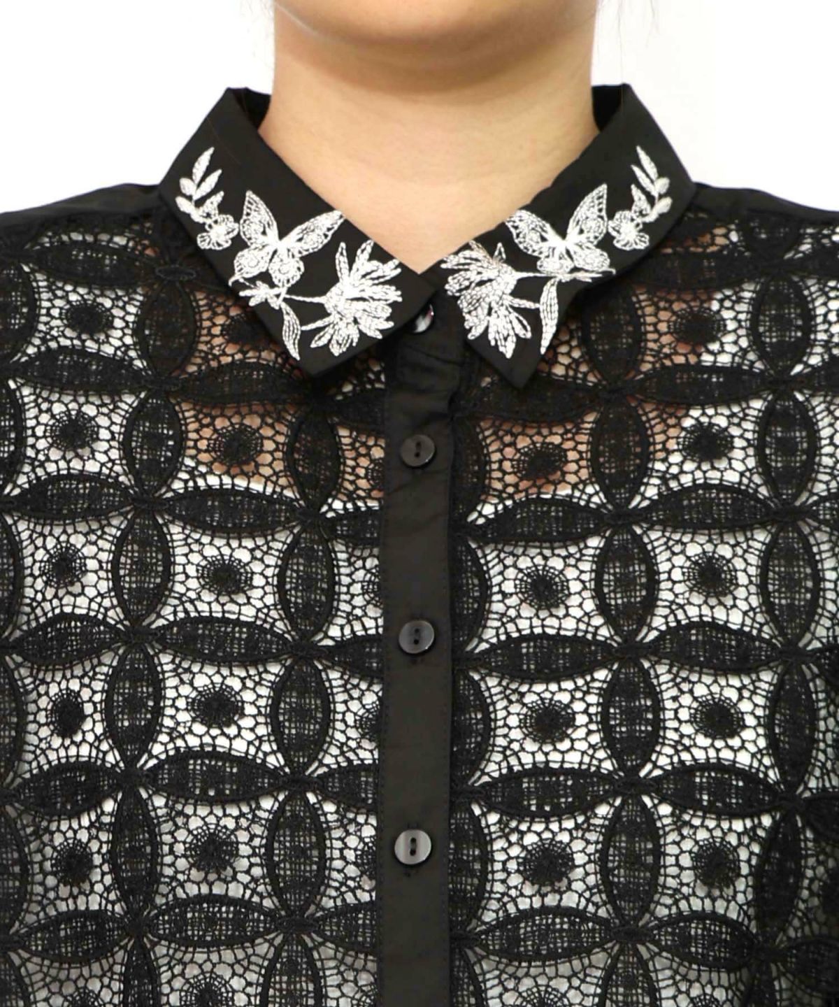 蝶花刺繍 レース切替シャツ-16