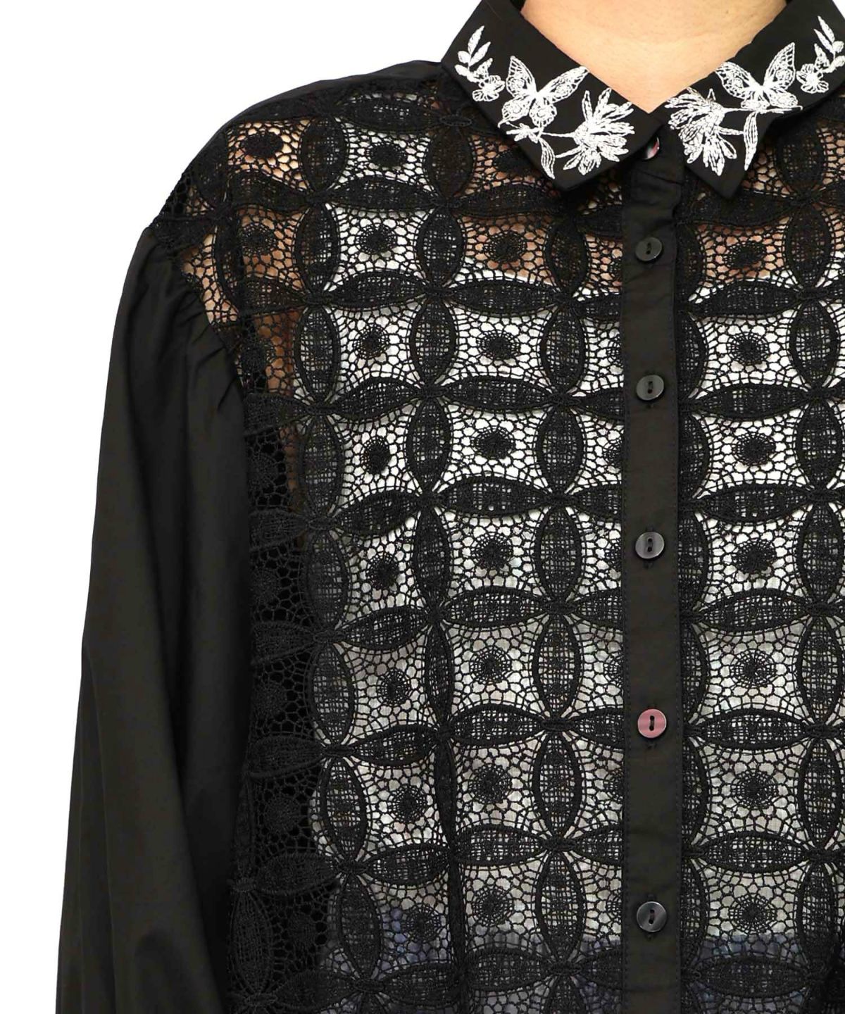 蝶花刺繍 レース切替シャツ-17