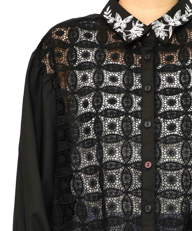 蝶花刺繍 レース切替シャツ-18