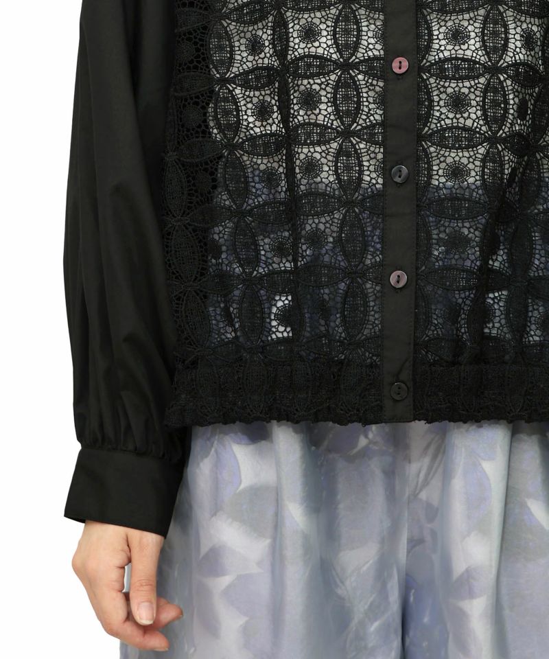 蝶花刺繍 レース切替シャツ-19