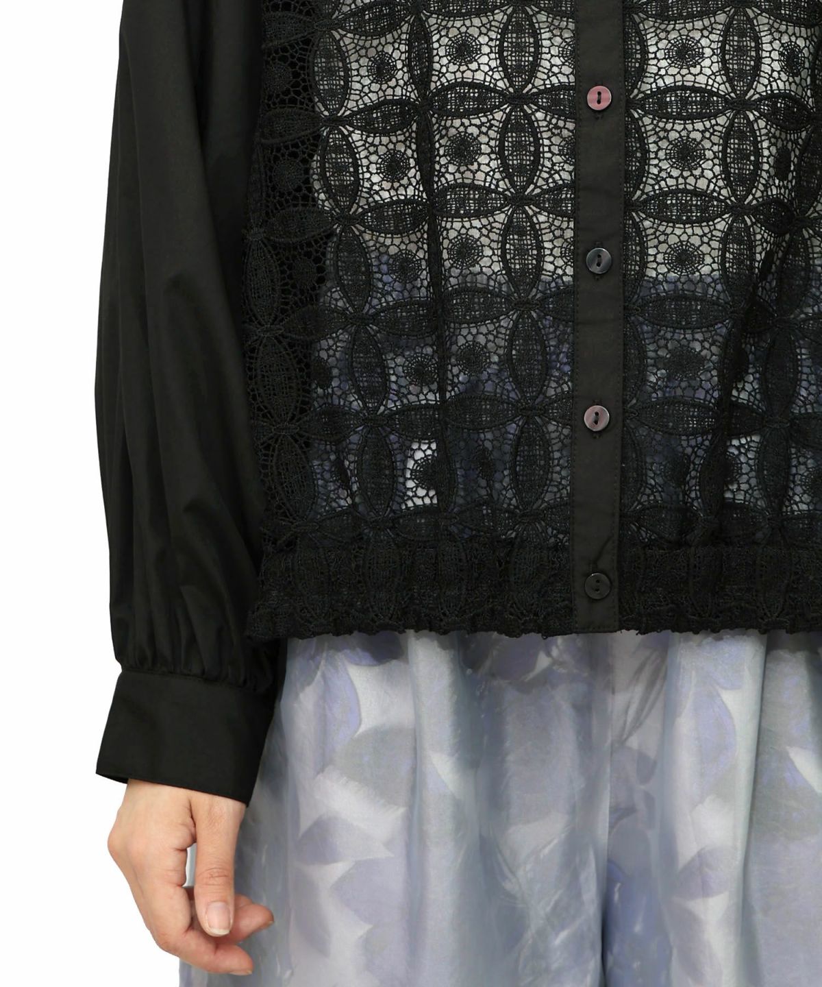 蝶花刺繍 レース切替シャツ-19