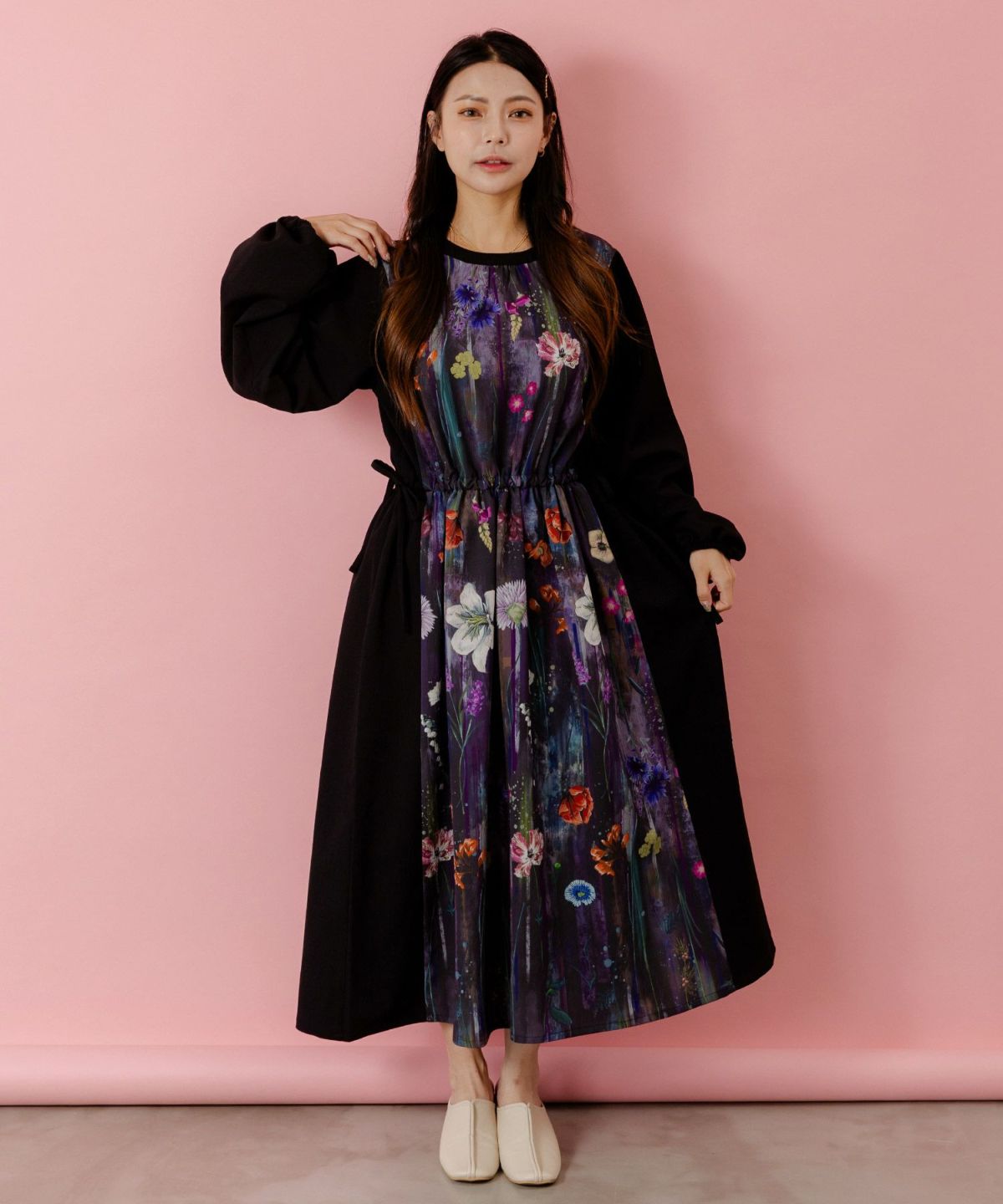 花柄アート切替ワンピース-1