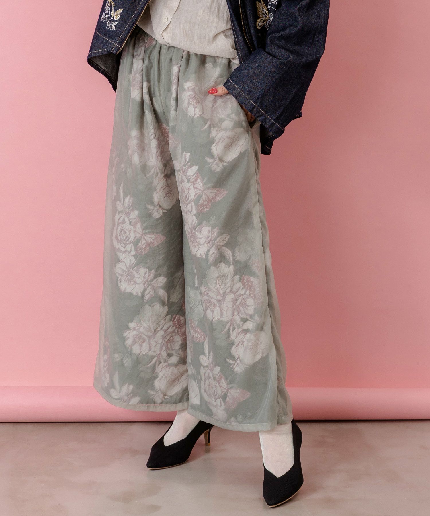 花柄ゴブラン織り風 シアー生地重ねパンツ-1